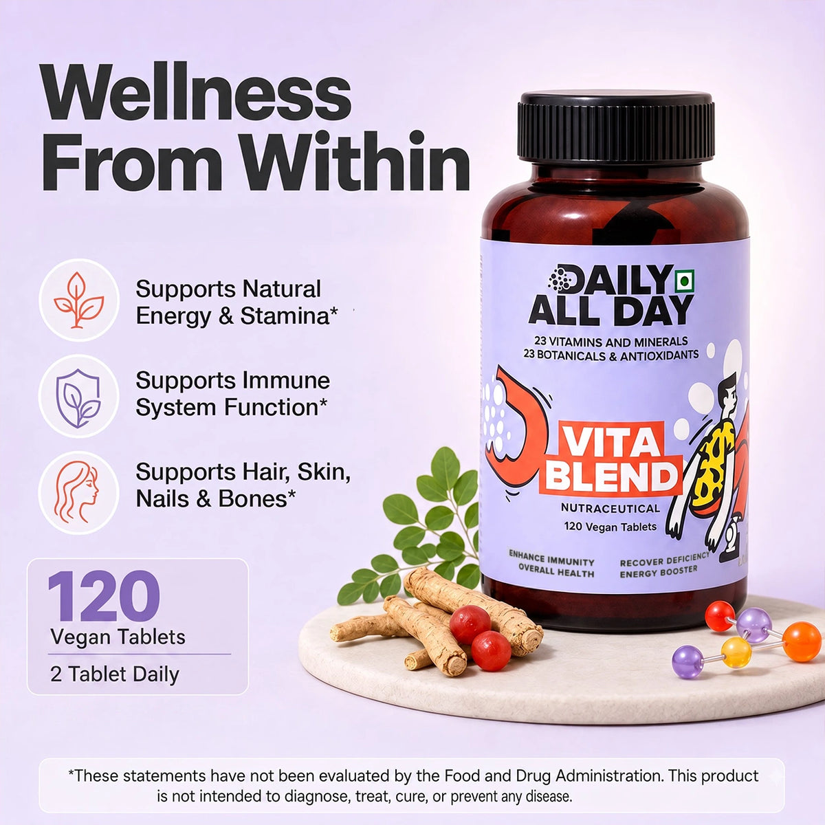 Whole food multivitamin with moringa and ashwagandha - 120 vegan tablets