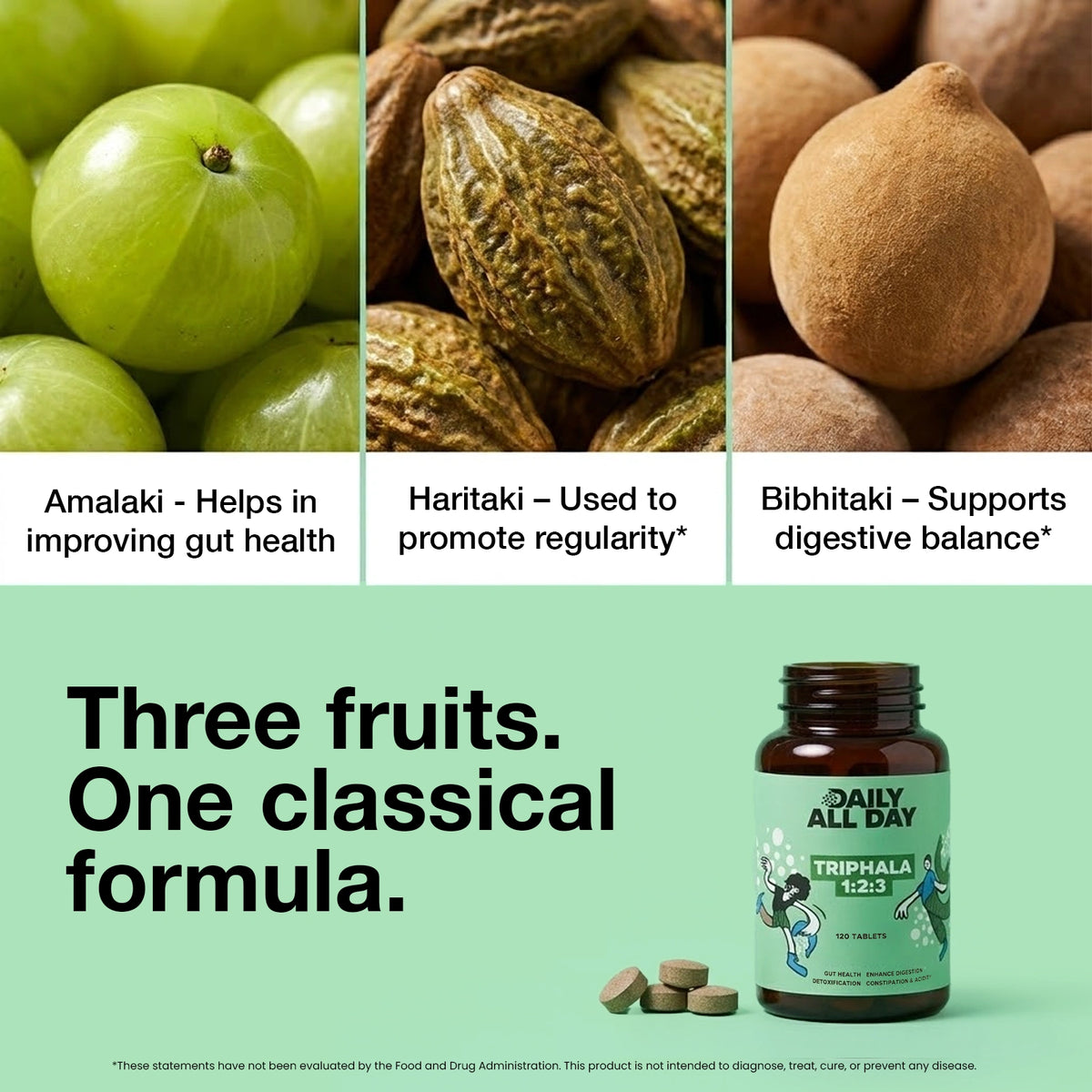 Triphala ingredients - amla, haritaki and bibhitaki fruits