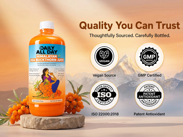 Daily All Day Himalayan Sea Buckthorn Juice with fresh sea buckthorn berries