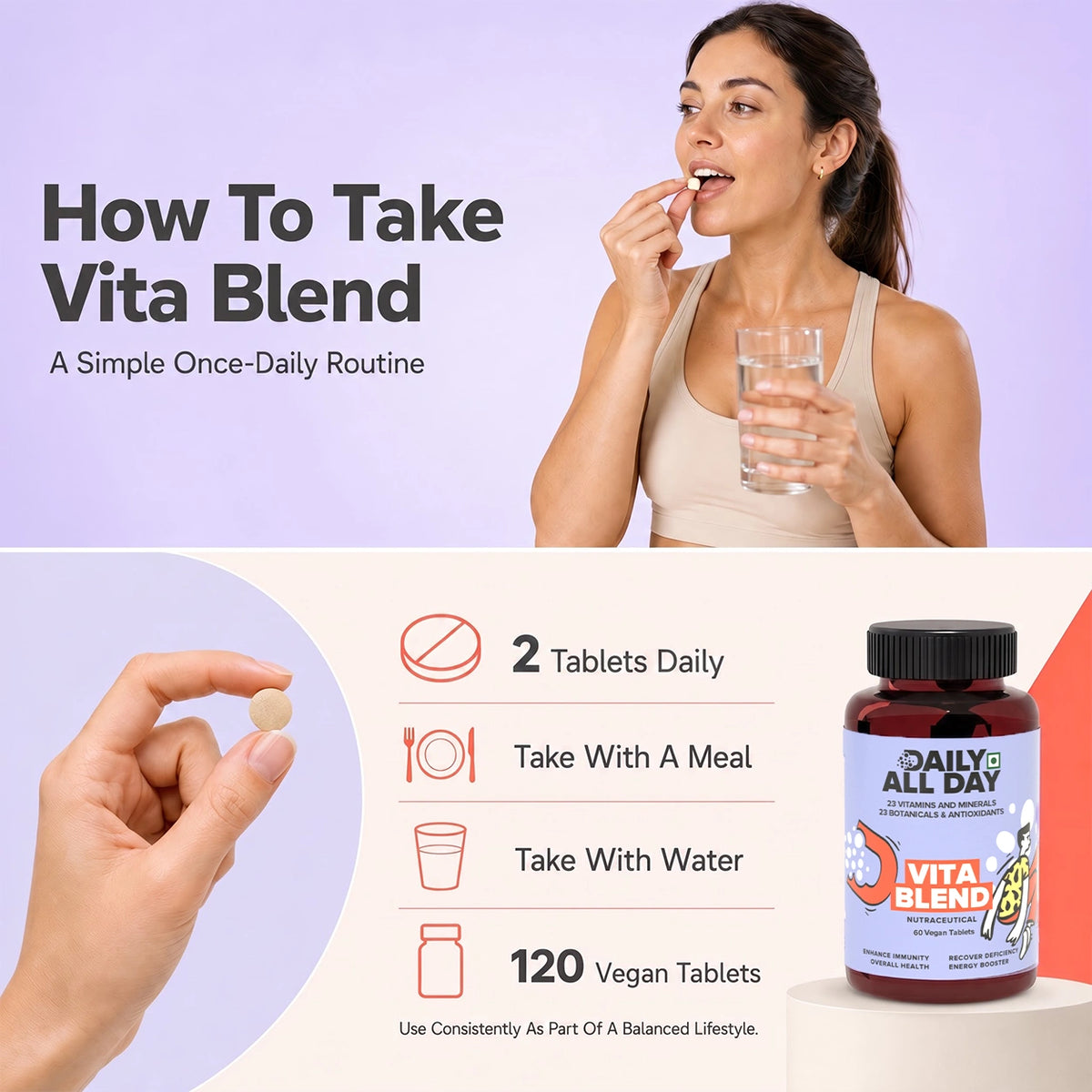 How to take a daily multivitamin - 2 tablets with a meal