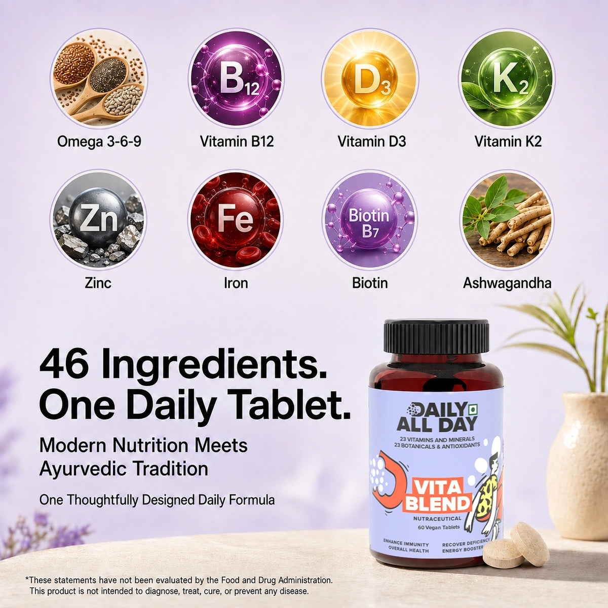 Multivitamin for women and men with vitamin B12, vitamin D3, zinc, iron and ashwagandha