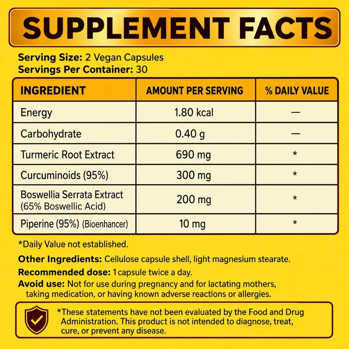 Curcumin supplement facts - 95% curcuminoids, 65% boswellic acids and piperine