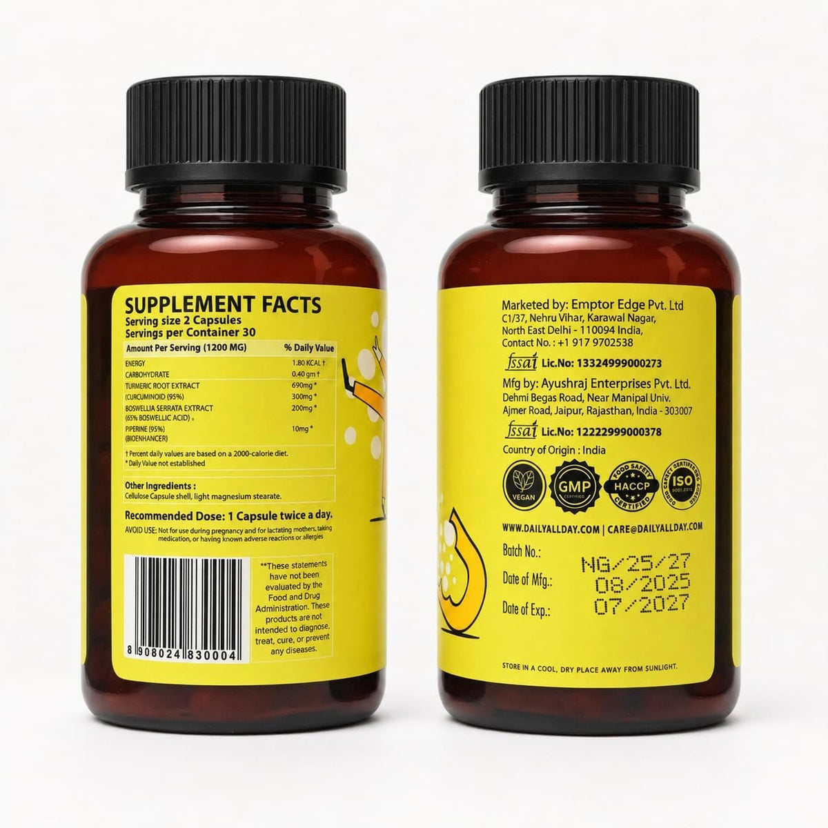 Turmeric supplement bottle back label with supplement facts