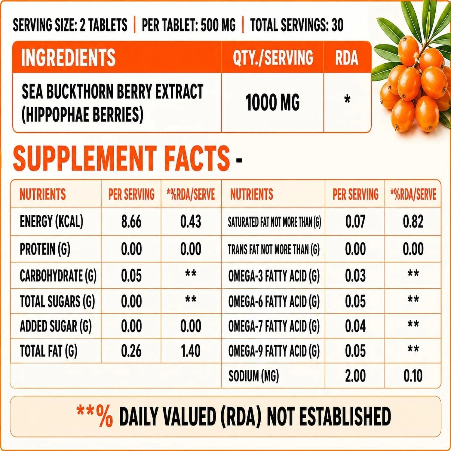 Sea Buckthorn Tablets - Omega-3,6,7 & 9 Daily Wellness & Nutrition