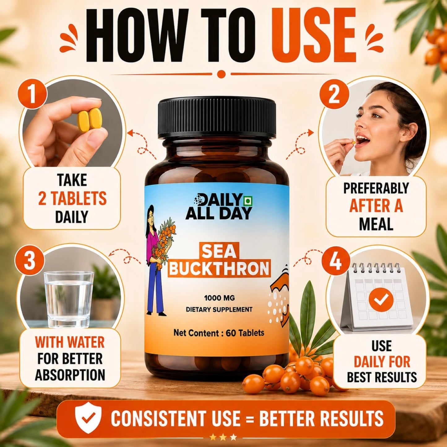 Sea Buckthorn Tablets - Omega-3,6,7 & 9 Daily Wellness & Nutrition