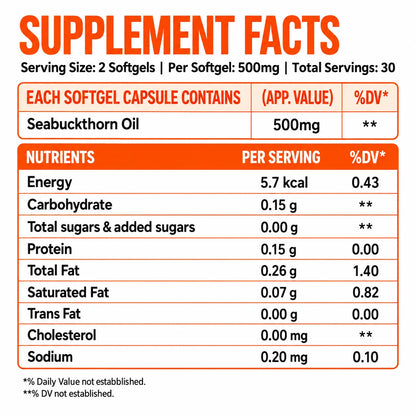 Sea buckthorn oil supplement facts, 500 mg per softgel, 2 softgels per serving