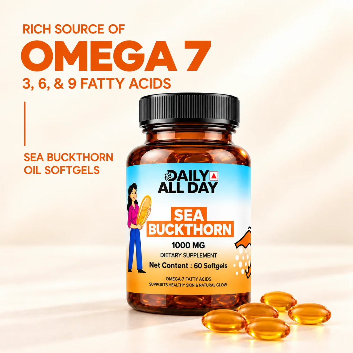 Omega 7 fatty acids plus omega 3, 6 and 9 from sea buckthorn oil softgels
