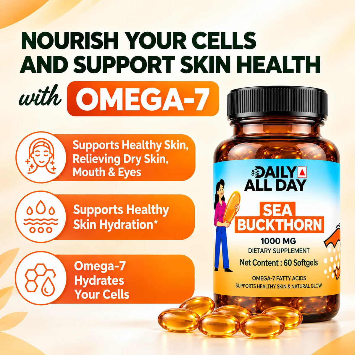 Sea buckthorn oil for skin, omega 7 supports skin hydration
