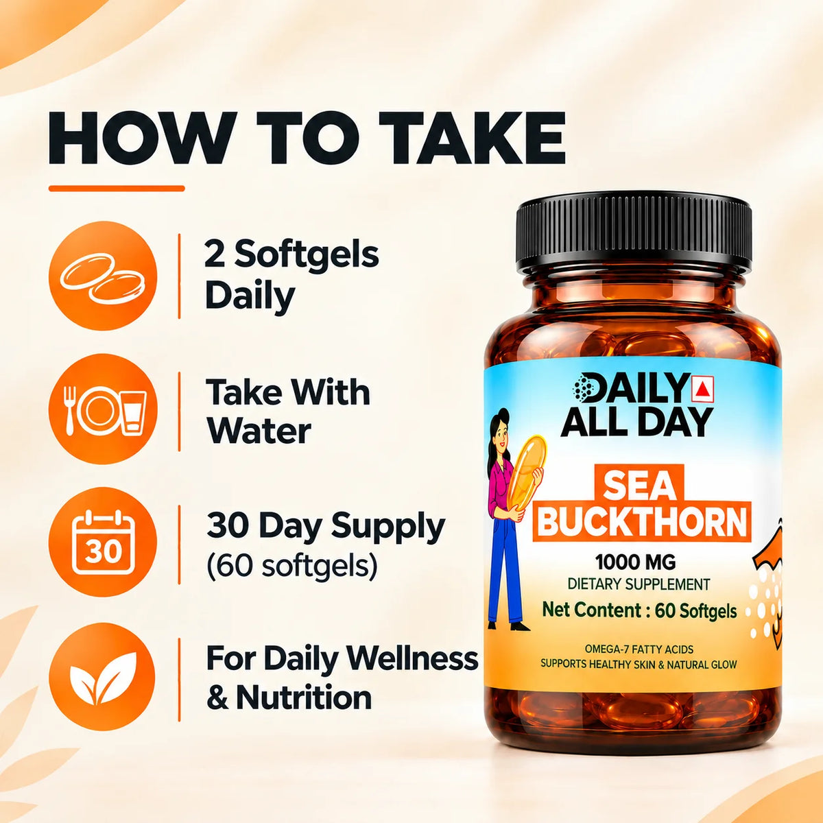 How to take sea buckthorn oil softgels, 2 daily with water, 30-day supply